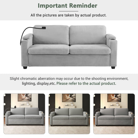 Sleeper Sofa Loveseat Sofa With Full Size Mattress, 2 USB Ports, 2 Cup Holders, 2 Side Pockets And Phone Holder