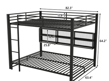 Queen Over Queen Bunk Bed With Storage Cabinets And LED Sturdy Frame, 6 Storage Units, Adjustable LED Lights - Black