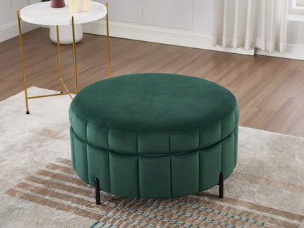 Upholstered Round Ottoman With Reversible Lid, Channel Tufted Pumpkin Shape