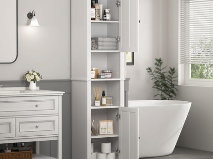 Wooden Bathroom Floor Storage Cabinet With 2 Doors And 6 Shelves - White