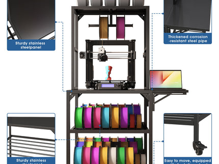 Heavy Duty 3D Printer Stand With Filament Storage Rack - Black