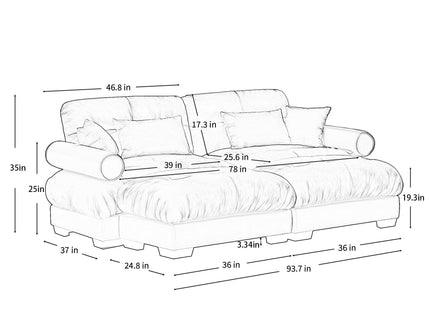 Modern Sectional Sofa With Ottoman, Round Bolster Armrests, Waist And Throw Pillows