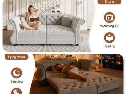 Oversized Chesterfield Pull Out Sofa Bed, Roll Arm Couch With Flower Tufting For Living Room