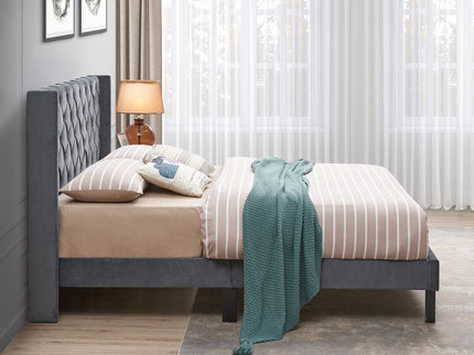 Velvet Button Tufted-Upholstered Bed With Wings Design Strong Wood Slat Support Queen Platform Bed - Gray