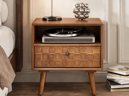 Nightstand With Carved Geometric Drawer Front, 1 Drawer And Open Shelf