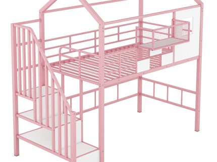 Metal Loft Bed With Roof Design And Storage Box With Guardrails And Integrated Ladder