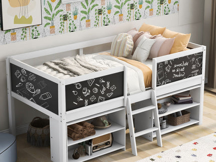 Low Loft Bed With Movable Shelves And Ladder, Decorative Chalkboard Guardrail