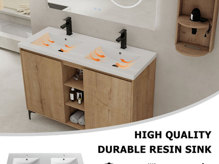 Elegant 48" Freestanding Bathroom Vanity With Double Resin Sink And Storage Rack Soft Close Doors - Imitative Oak