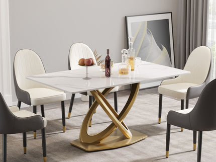 63" Modern Artificial Stone Panel Double-Ring Stainless Steel Metal Legs, Can Accommodate 6-8 People - White / Gold