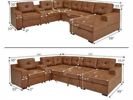 U - Shape Sectional Pull Out Bed With Console, Storage, And USB Charging