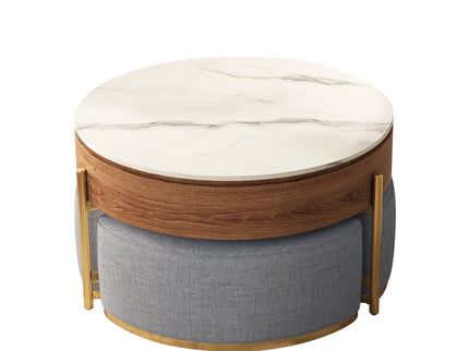 Lift Top Round Coffee Table With Hidden Storage, 3 Upholstered Nesting Ottomans - Brown / Gray / Golden / White