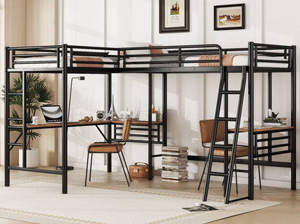 Twin Loft Bed With 2 Built In Desks, Mission Style - Black