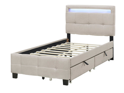 Upholstered Platform Bed With LED Frame, With Trundle And 2 Drawers
