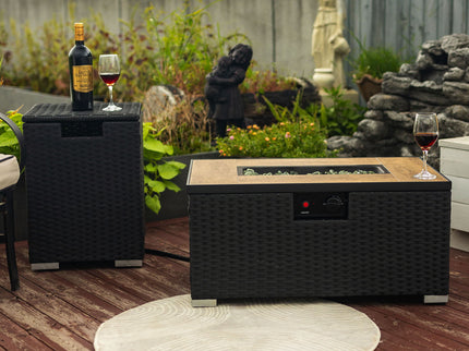 32" Propane Gas Fire Pit Table With Propane Tank Cover, 50000 Btu Rectangular Steel Fire Pit With Beautiful Wicker Base