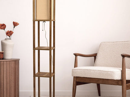 Pinnacle - Shelf Floor Lamp For Bedroom / Living Room, Long Shade - Natural Wood / White