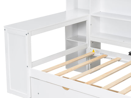 Platform Bed With Upholstered Headboard, Storage Shelves, Drawers, Charging Station, LED Lighting, Built In Desk