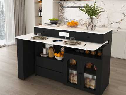 Kitchen Island With Extendable Rotating Table, 4 Drawers & Glass Door Cabinets, Built In Socket - Black