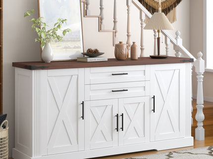 Barn Door Storage Cabinet With 2 Drawers & Door Rack, Adjustable Shelves