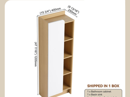 Tall Freestanding Bathroom Side Cabinet With Single Door & 4 Tier Open Shelves - Black / Light Oak / White
