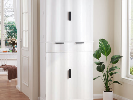 Fluted Kitchen Pantry Cabinet With 3 Keyboard Drawers & 6 Adjustable Door Shelves