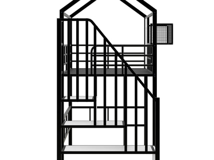 Metal Loft Bed With Roof Design And Storage Box With Guardrails And Integrated Ladder