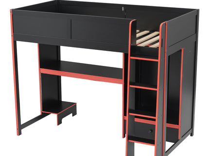 Gaming Loft Bed With Built In Desk, Wardrobe, LED Lighting And Drawer
