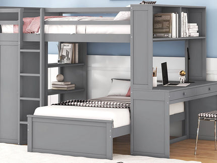 Loft Bed With A Twin Size Standalone Bed, Shelves, Desk, And Wardrobe