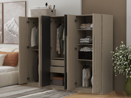 6 Doors Wardrobe Storage For Bedroom, With 2 Drawers Inside - Black / Nature