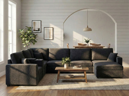 Modular 5 Seat U-Shape Sectional Sofa With Chaise Lounge, Built In Cup Holders And Storage Drawer
