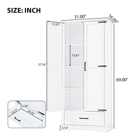 Tall Bathroom Storage Cabinet With 2 Doors And 2 Drawer, Adjustable Shelf - White