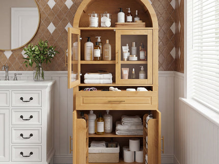 Arched Kitchen Pantry Cabinet With Adjustable Shelves And Barn Door Design