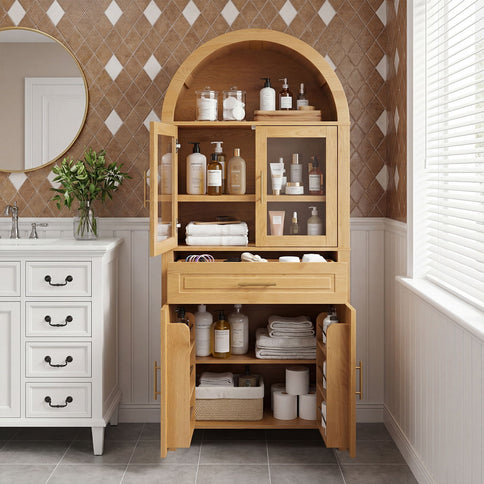 Arched Kitchen Pantry Cabinet With Adjustable Shelves And Barn Door Design