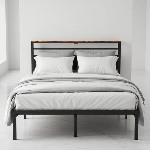 Platform Bed Frame With Charging Station & Headboard Shelves