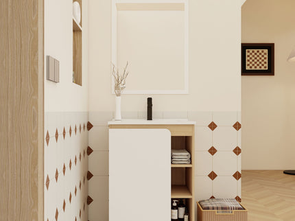 Freestanding Bathroom Vanity With Thin Rim Sink, Single Door With 4 Tier Open Shelves - Light Oak / White