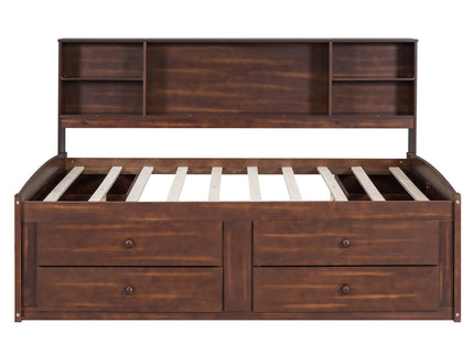 Full Size Captain Bed With Built In Storage Shelves, 4 Drawers And 2 Cabinets - Antique Brown