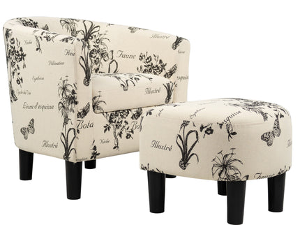 Accent Chair With Matching Ottoman Upholstered Round Backrest, Seating Set - Off White / White