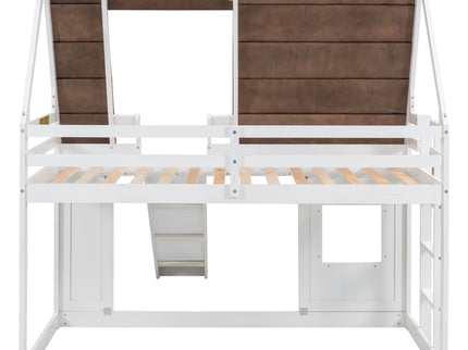 Wood Twin Size House Bunk Bed With Roof, Ladder And Slide - White / Brown