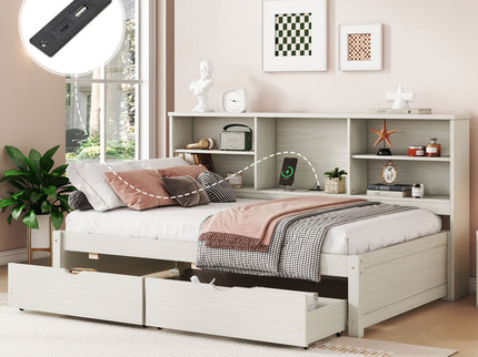 Bed Frame With Side Bookshelves, 2 Drawers, And Built In USB Port