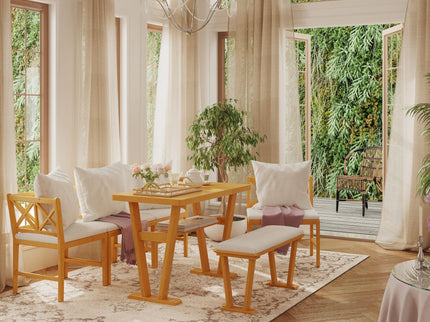 Farmhouse Solid Wood Dining Nook Set For 6, Space Saving High Top Corner Table With Bench & Chairs - Natural / White