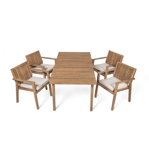 5 Piece Patio Furniture Set Acacia Wood Table And 4 Heavy Duty Cushioned Chairs
