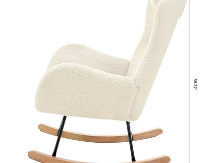 Rocking Chair Nursery, Teddy Upholstered Rocker Glider Chair With High Backrest, Adjustable Headrest & Pocket, Comfy Glider Chair For Nursery, Bedroom, Living Room, Offices, Rubber Wood