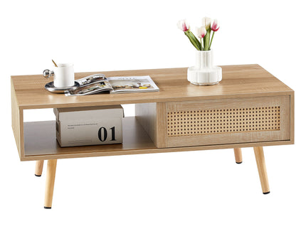 41.34" Rattan Coffee Table, Sliding Door For Storage, Solid Wood Legs, Modern Table For Living Room
