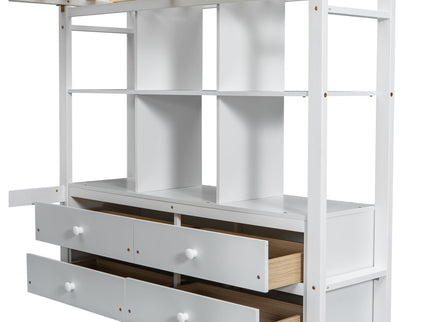 Full Size Loft Bed With Built In Desk, 2 Drawers, Storage Shelves - White