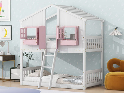 House Bunk Bed With Roof, Window, Window Box, Door, With Safety Guardrails And Ladder