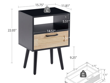 15.75" Rattan End Table With Drawer And Solid Wood Legs, Modern Nightstand, Side Table For Living Room, Bedroom