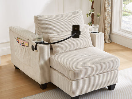 Convertible Chaise Lounge Sofa Chair With USB Ports, Cup Holders, Phone Holder And Storage