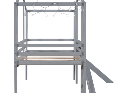 Loft House Bed With Ladder And Slide, With board And Light Strip On The Roof
