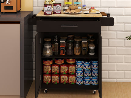 Black Kitchen Island Cart with 1 Drawer, 2-Door Cabinet & Adjustable Shelving – Solid Rubberwood Countertop