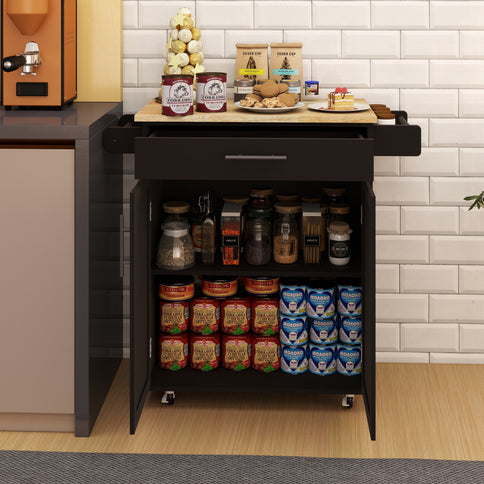 Black Kitchen Island Cart with 1 Drawer, 2-Door Cabinet & Adjustable Shelving – Solid Rubberwood Countertop