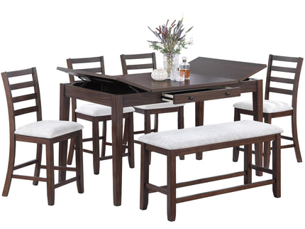 6 Piece Counter Height Dining Set Table With Storage Ladder Back Chairs And Bench - Walnut